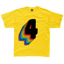 Load image into Gallery viewer, Fourth Birthday Four T-Shirt With Rainbow Drop Shadow