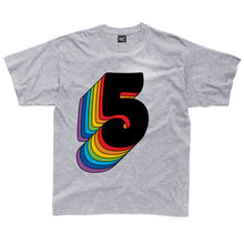 Load image into Gallery viewer, Fifth Birthday Five T-Shirt With Rainbow Drop Shadow
