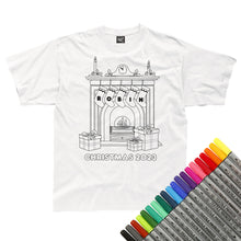 Load image into Gallery viewer, Personalised Christmas Fireplace With Stockings Colour-In T-Shirt (fabric pens optional)