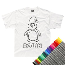 Load image into Gallery viewer, Personalised Christmas Penguin Colour In T-Shirt (fabric pens optional)