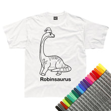 Load image into Gallery viewer, Personalised Christmas Diplodocus Santa Hat Colour In T-Shirt (fabric pens optional)