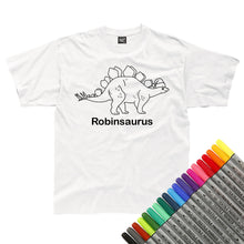 Load image into Gallery viewer, Personalised Christmas Stegosaurus Santa Hat Colour In T-Shirt (fabric pens optional)