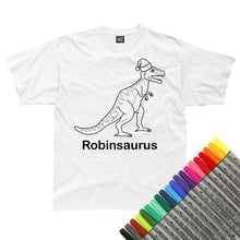 Load image into Gallery viewer, Personalised Christmas T-Rex Santa Hat Colour In T-Shirt (fabric pens optional)