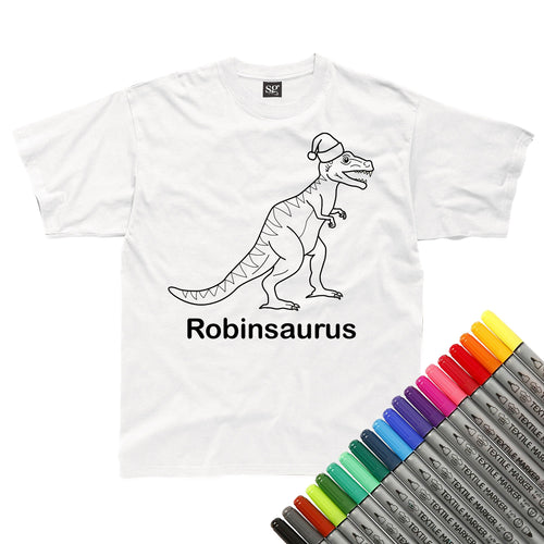 Personalised Christmas T-Rex Santa Hat Colour In T-Shirt (fabric pens optional)