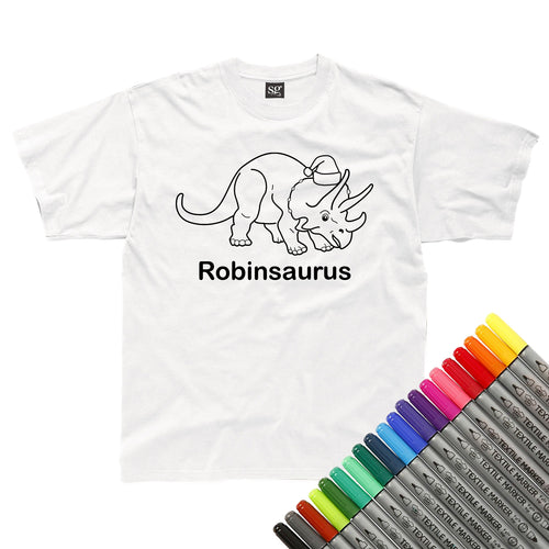 Personalised Christmas Triceratops Santa Hat Colour In T-Shirt (fabric pens optional)