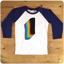 Load image into Gallery viewer, First Birthday One Raglan T-Shirt With Retro Rainbow Drop Shadow available in red or blue