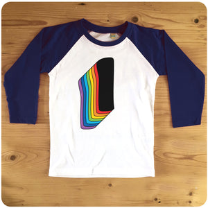 First Birthday One Raglan T-Shirt With Retro Rainbow Drop Shadow available in red or blue