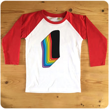 Load image into Gallery viewer, First Birthday One Raglan T-Shirt With Retro Rainbow Drop Shadow available in red or blue