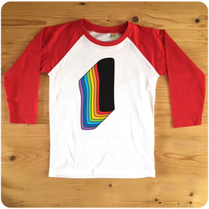 First Birthday One Raglan T-Shirt With Retro Rainbow Drop Shadow available in red or blue