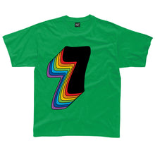 Load image into Gallery viewer, Seventh Birthday Seven T-Shirt With Rainbow Drop Shadow available in a range of colours