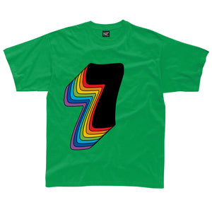 Seventh Birthday Seven T-Shirt With Rainbow Drop Shadow available in a range of colours