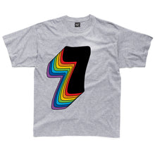 Load image into Gallery viewer, Seventh Birthday Seven T-Shirt With Rainbow Drop Shadow available in a range of colours