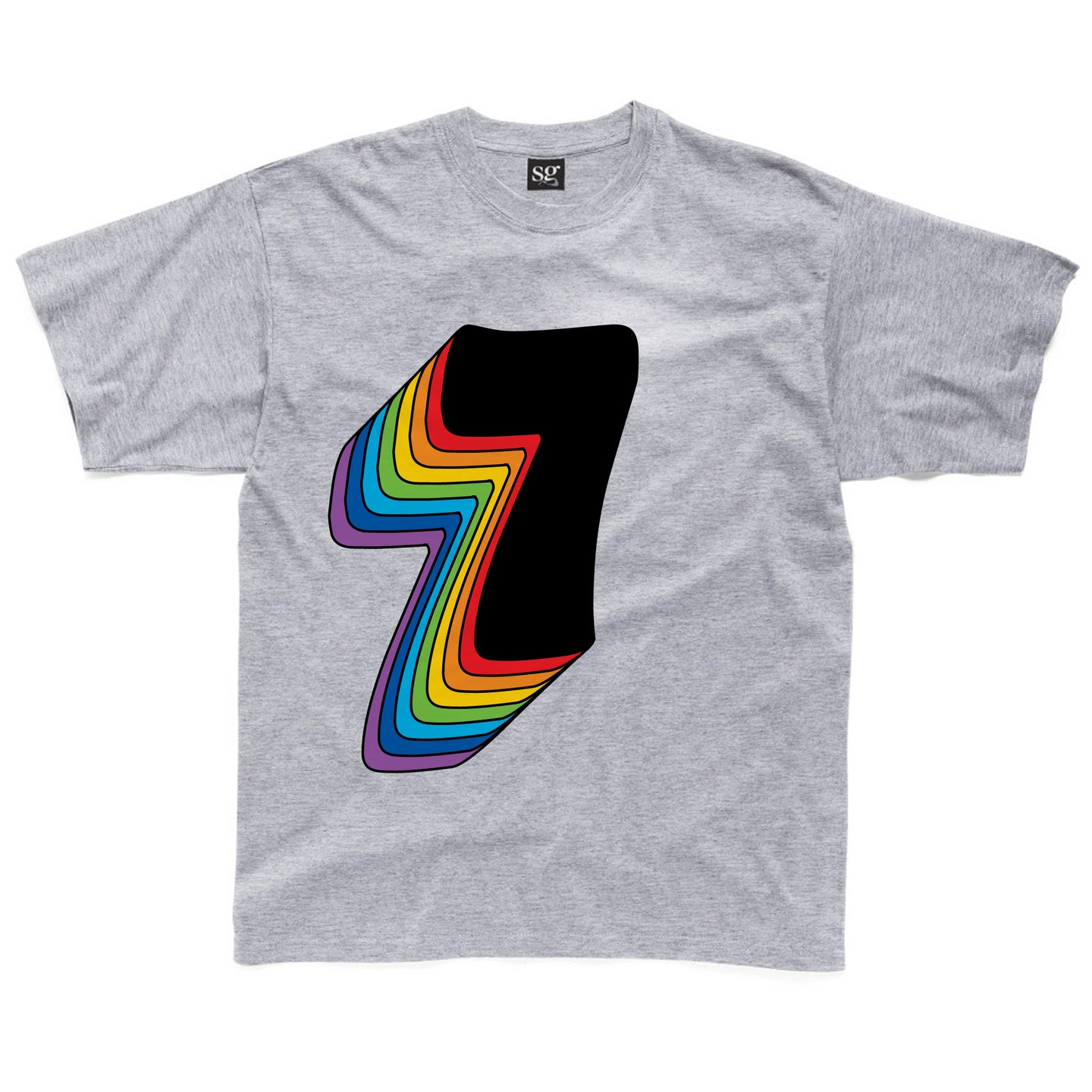 Seventh Birthday Seven T-Shirt With Rainbow Drop Shadow available in a range of colours