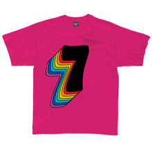 Load image into Gallery viewer, Seventh Birthday Seven T-Shirt With Rainbow Drop Shadow available in a range of colours