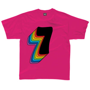 Seventh Birthday Seven T-Shirt With Rainbow Drop Shadow available in a range of colours