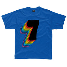 Load image into Gallery viewer, Seventh Birthday Seven T-Shirt With Rainbow Drop Shadow available in a range of colours