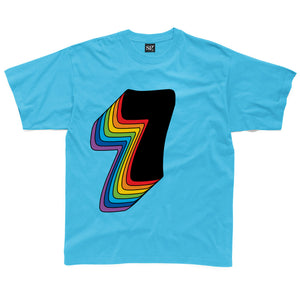 Seventh Birthday Seven T-Shirt With Rainbow Drop Shadow available in a range of colours