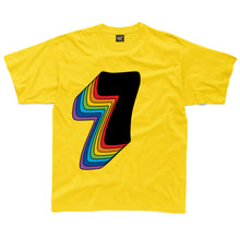 Load image into Gallery viewer, Seventh Birthday Seven T-Shirt With Rainbow Drop Shadow available in a range of colours