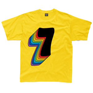 Seventh Birthday Seven T-Shirt With Rainbow Drop Shadow available in a range of colours