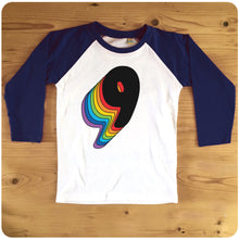 Load image into Gallery viewer, Ninth Birthday Nine Raglan T-Shirt With Retro Rainbow Drop Shadow available in red or blue