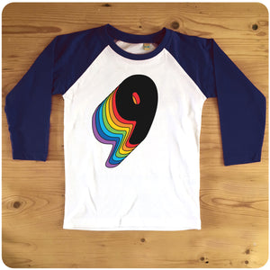 Ninth Birthday Nine Raglan T-Shirt With Retro Rainbow Drop Shadow available in red or blue