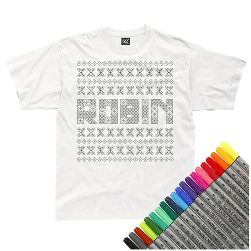 Personalised Fairisle Christmas Colour-In T-Shirt (fabric pens optional)