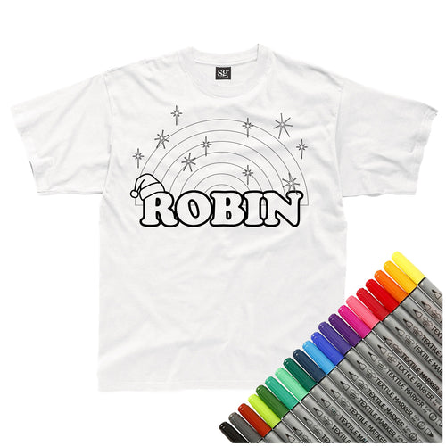 Personalised Christmas Rainbow Colour-In T-Shirt (fabric pens optional)
