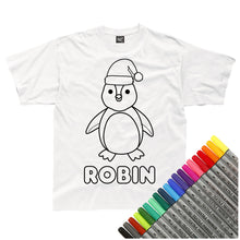 Load image into Gallery viewer, Personalised Christmas Penguin Colour-In T-Shirt (fabric pens optional)