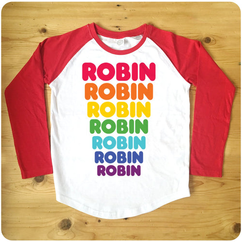 Personalised 'Dunkin Donuts' Rainbow Text Raglan Baseball Women's T-Shirt