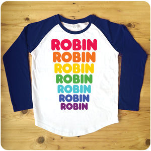 Personalised 'Dunkin Donuts' Rainbow Text Raglan Baseball Men's T-Shirt