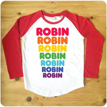 Load image into Gallery viewer, Personalised &#39;Dunkin Donuts&#39; Rainbow Text Raglan Baseball Men&#39;s T-Shirt