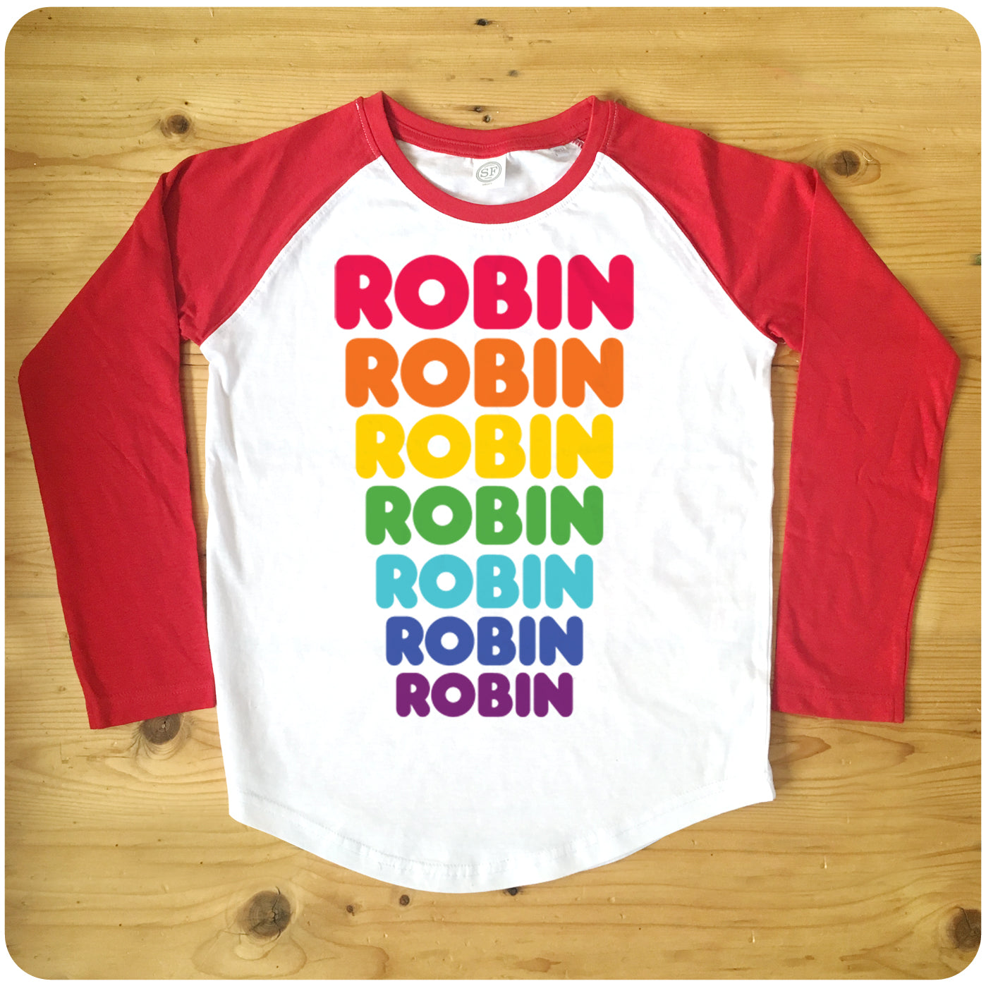 Personalised 'Dunkin Donuts' Rainbow Text Raglan Baseball Men's T-Shirt