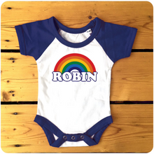 Load image into Gallery viewer, Personalised Retro Rainbow Raglan Baseball Babygrow / Bodysuit available in blue or red