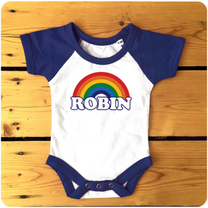 Personalised Retro Rainbow Raglan Baseball Babygrow / Bodysuit available in blue or red