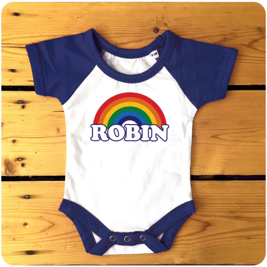 Personalised Retro Rainbow Raglan Baseball Babygrow / Bodysuit available in blue or red