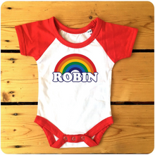 Load image into Gallery viewer, Personalised Retro Rainbow Raglan Baseball Babygrow / Bodysuit available in blue or red
