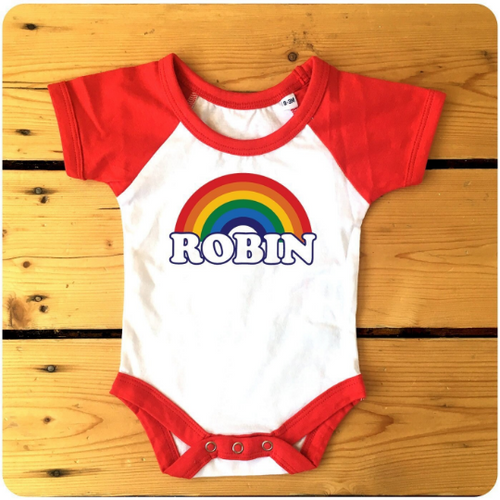 Personalised Retro Rainbow Raglan Baseball Babygrow / Bodysuit available in blue or red