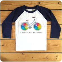 Load image into Gallery viewer, I Want To Ride My Rainbow Bicycle navy or red raglan long-sleeve baseball