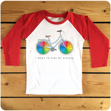 Load image into Gallery viewer, I Want To Ride My Rainbow Bicycle navy or red raglan long-sleeve baseball