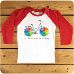 I Want To Ride My Rainbow Bicycle navy or red raglan long-sleeve baseball