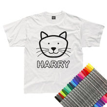 Load image into Gallery viewer, Personalised Colour-In Cat T-Shirt (fabric pens optional)