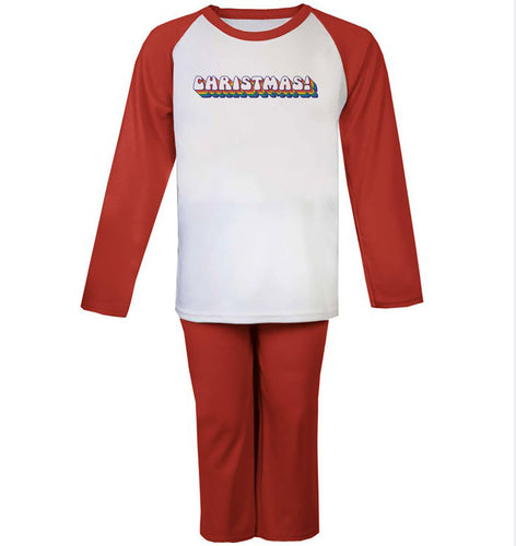 Christmas Rainbow Dropshadow Red Raglan Kids Pyjama Set