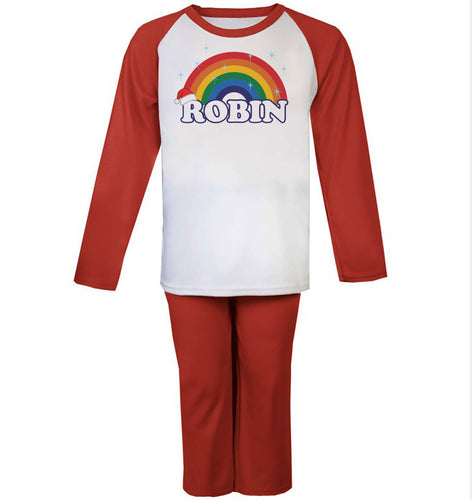 Personalised  Christmas Rainbow Red Raglan Kids Pyjama Set