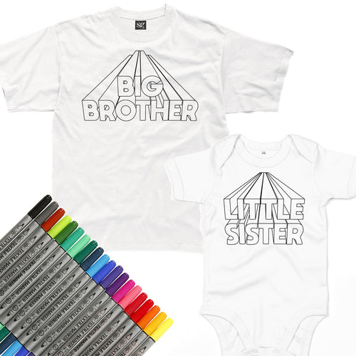 Sibling white colour-in T-Shirt and Babygrow Bundle with 20 fabric pens