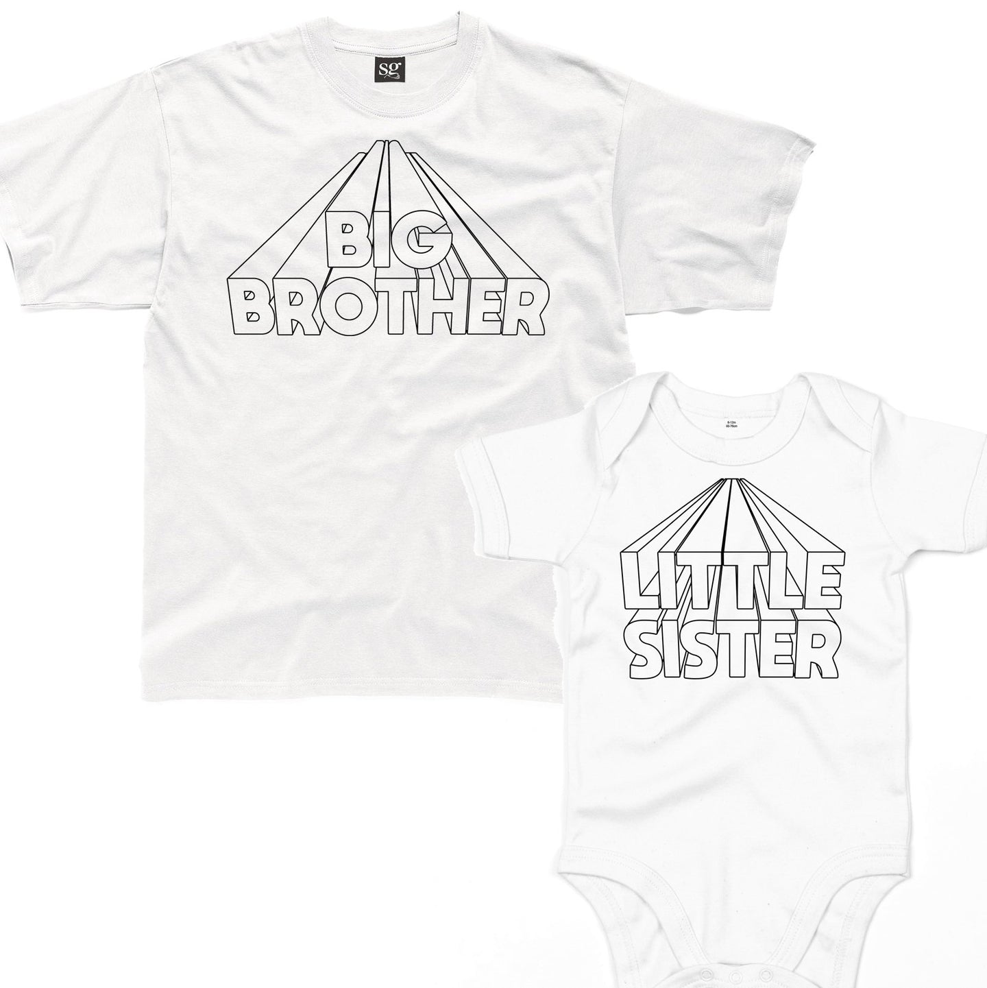 Sibling white colour-in T-Shirt and Babygrow Bundle without fabric pens