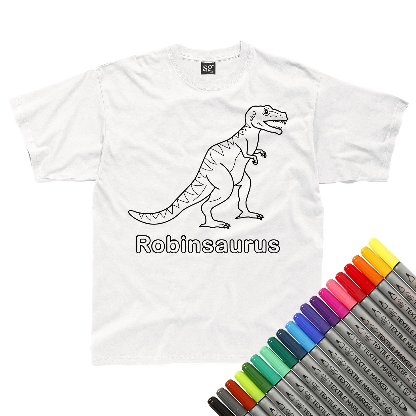 Personalised Colour-In Dinosaur T-Shirt - Tyrannosaurus Rex (fabric pens optional)