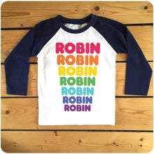 Load image into Gallery viewer, Personalised Retro Dunkin Donuts Text Rainbow Raglan Baseball T-shirt