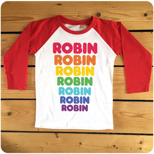 Personalised Retro Dunkin Donuts Text Rainbow Raglan Baseball T-shirt