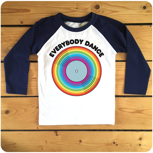 Everybody Dance Rainbow Vinyl Record red or navy raglan long-sleeve baseball (Chic)