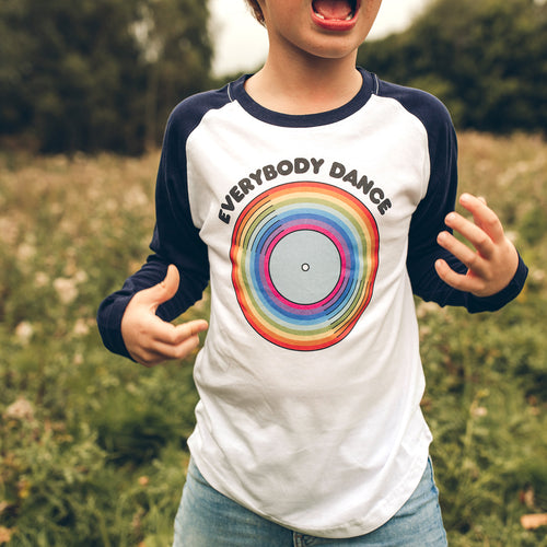 Everybody Dance Rainbow Vinyl Record red or navy raglan long-sleeve baseball